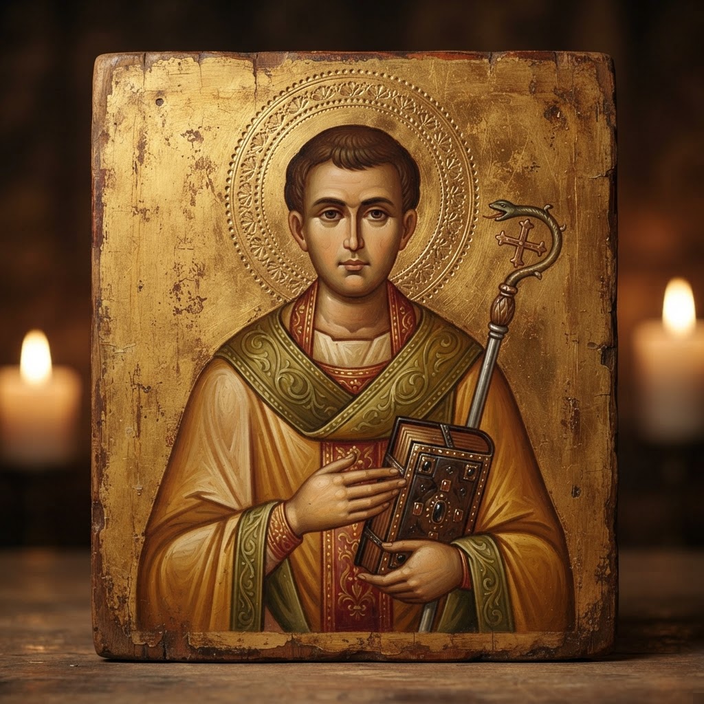 Icon of St Optatus of Milevis holding a codex and a bishop's staff