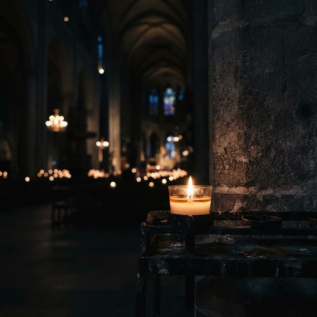 A single votive candle flame glowing in the dark of a vast cathedral
