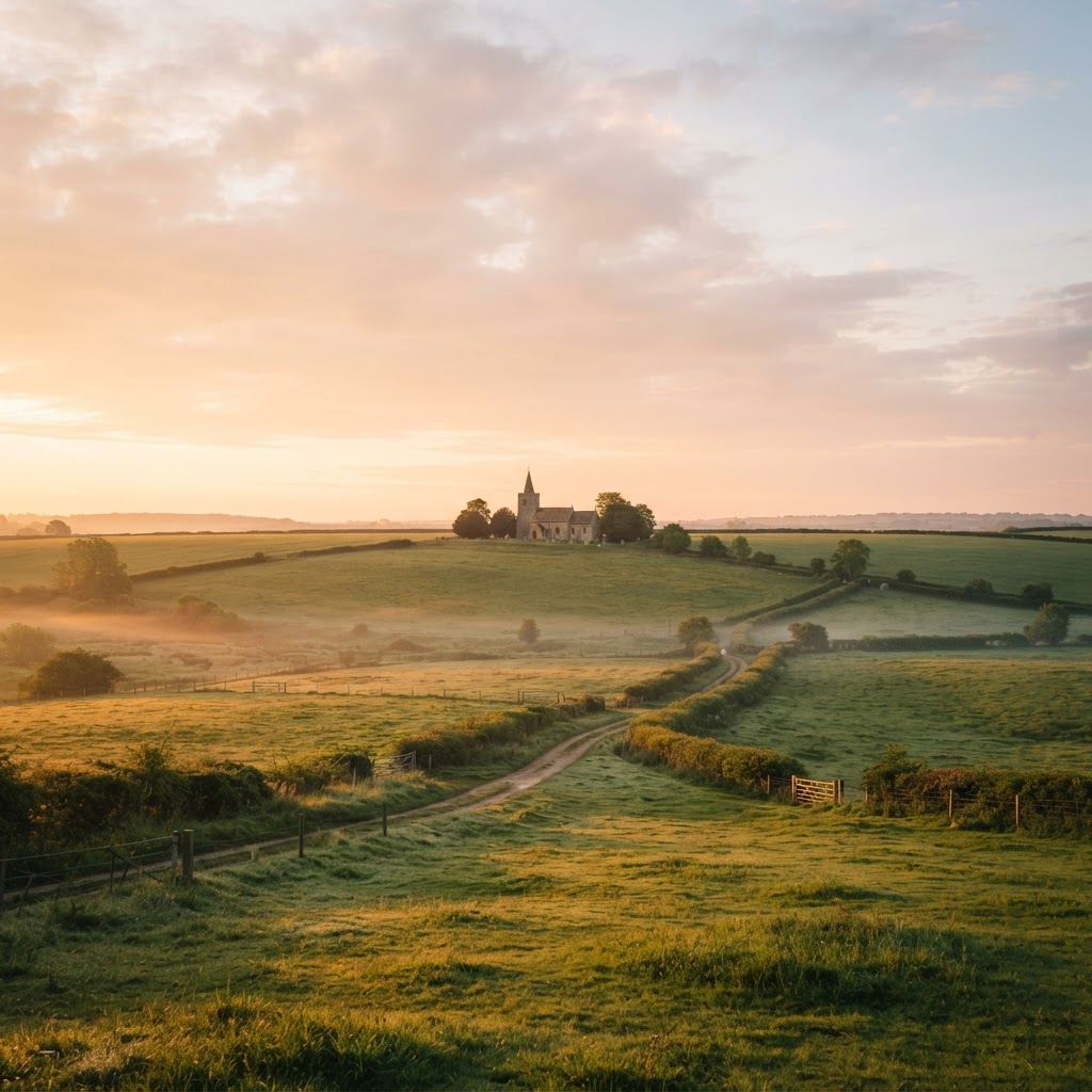 Golden dawn over broad farmland with a small stone country church and steeple on the horizon
