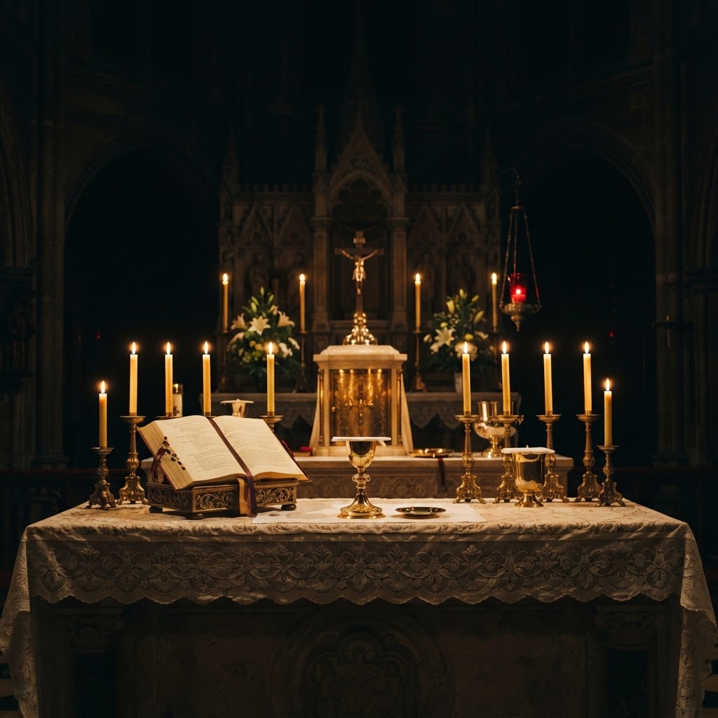 A Catholic altar lit by golden candlelight, with chalice and open Scripture