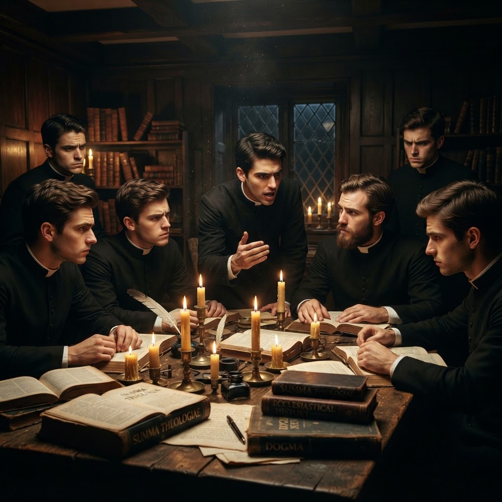 Early 20th-century seminarians debating theology by candlelight
