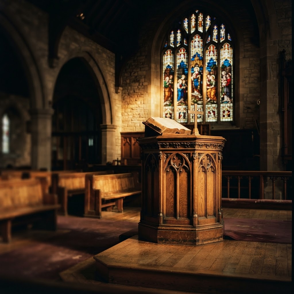 An empty wooden pulpit in a warm-lit church with stained glass behind