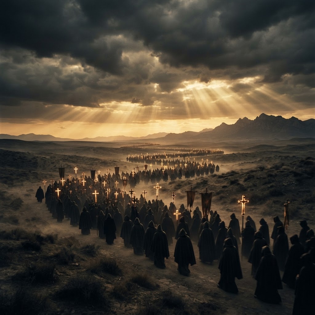 A multitude of hooded pilgrims bearing glowing crosses marching at golden dawn