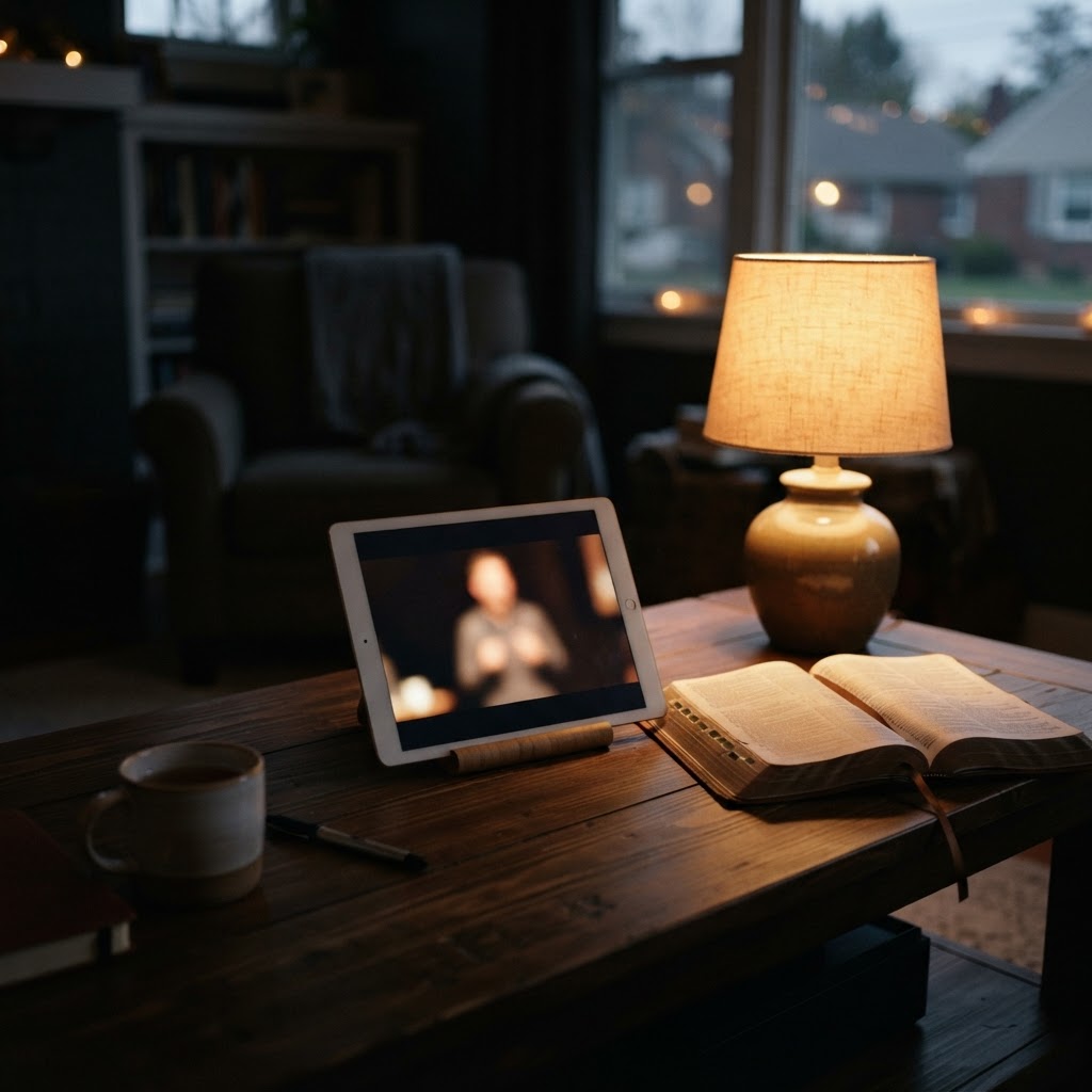 A tablet playing a teaching video on a coffee table in a dim living room