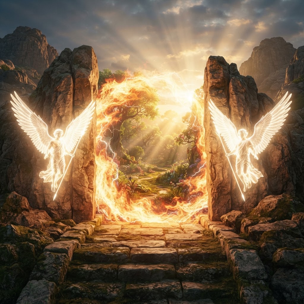 The gate of Eden guarded by cherubim and a barrier of living holy fire