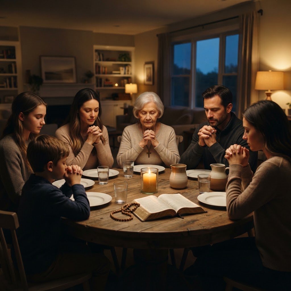 A Catholic family praying together around a table at home, an open Bible and a lit candle before them.