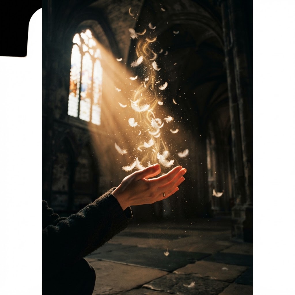 Open cupped hands releasing wisps of golden light upward into a shaft of dawn