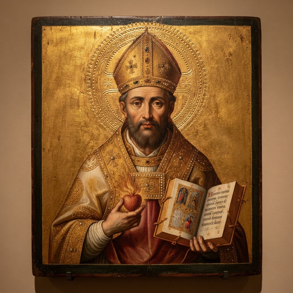 Icon of St Augustine of Hippo holding an open book and a flaming heart