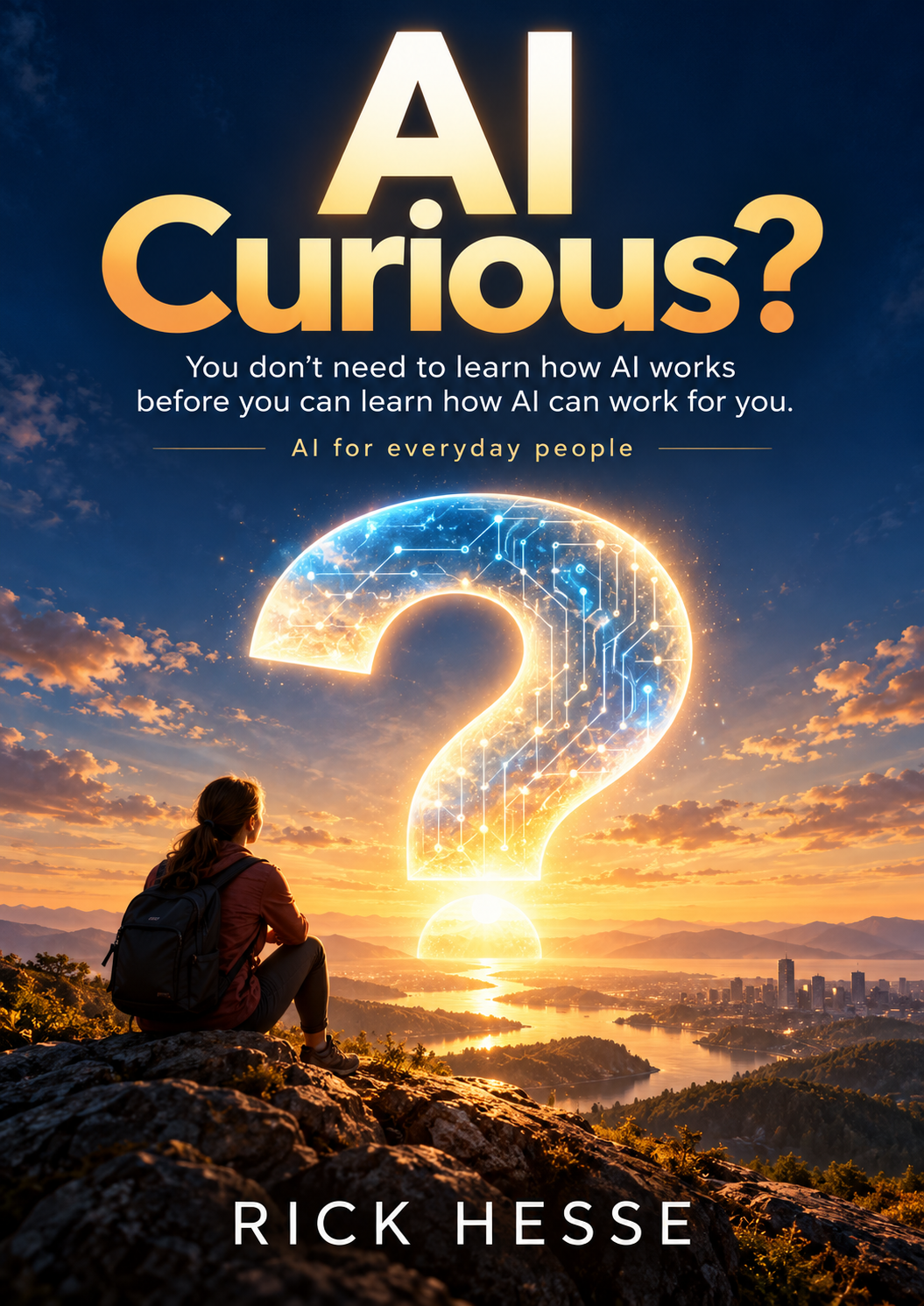 AI Curious? — a book cover showing a person on a cliffside at sunset, with a glowing question mark rising over the horizon