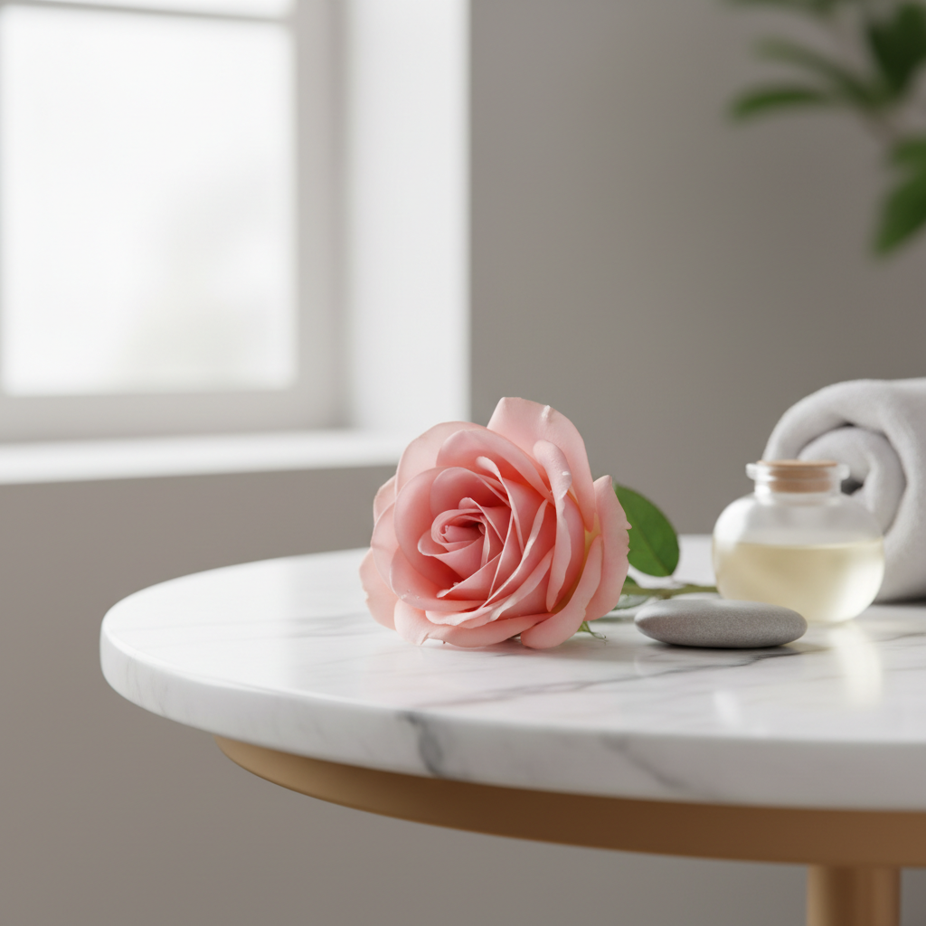 Pink rose on a white marble table