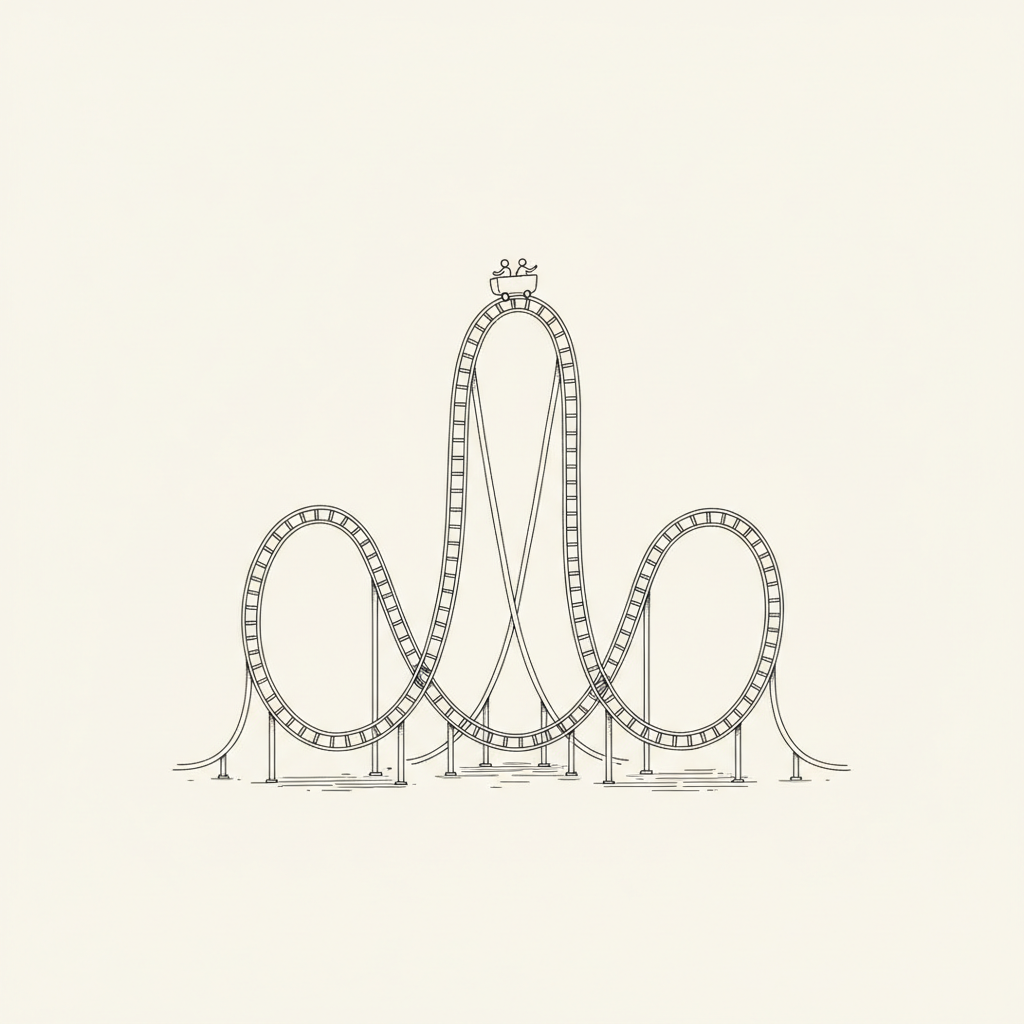 Line-art illustration of a roller coaster with a cart at the peak
