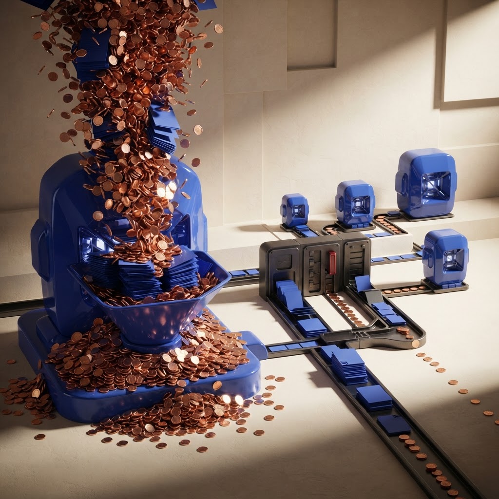AI concept illustration: one oversized engine burns many token discs while a routing hub sends tasks to right-sized engines; not measured data