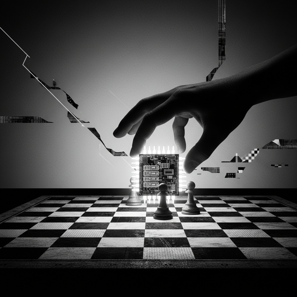 A chess king made of a glowing data center being moved by a giant shadowy government hand, monochrome editorial style