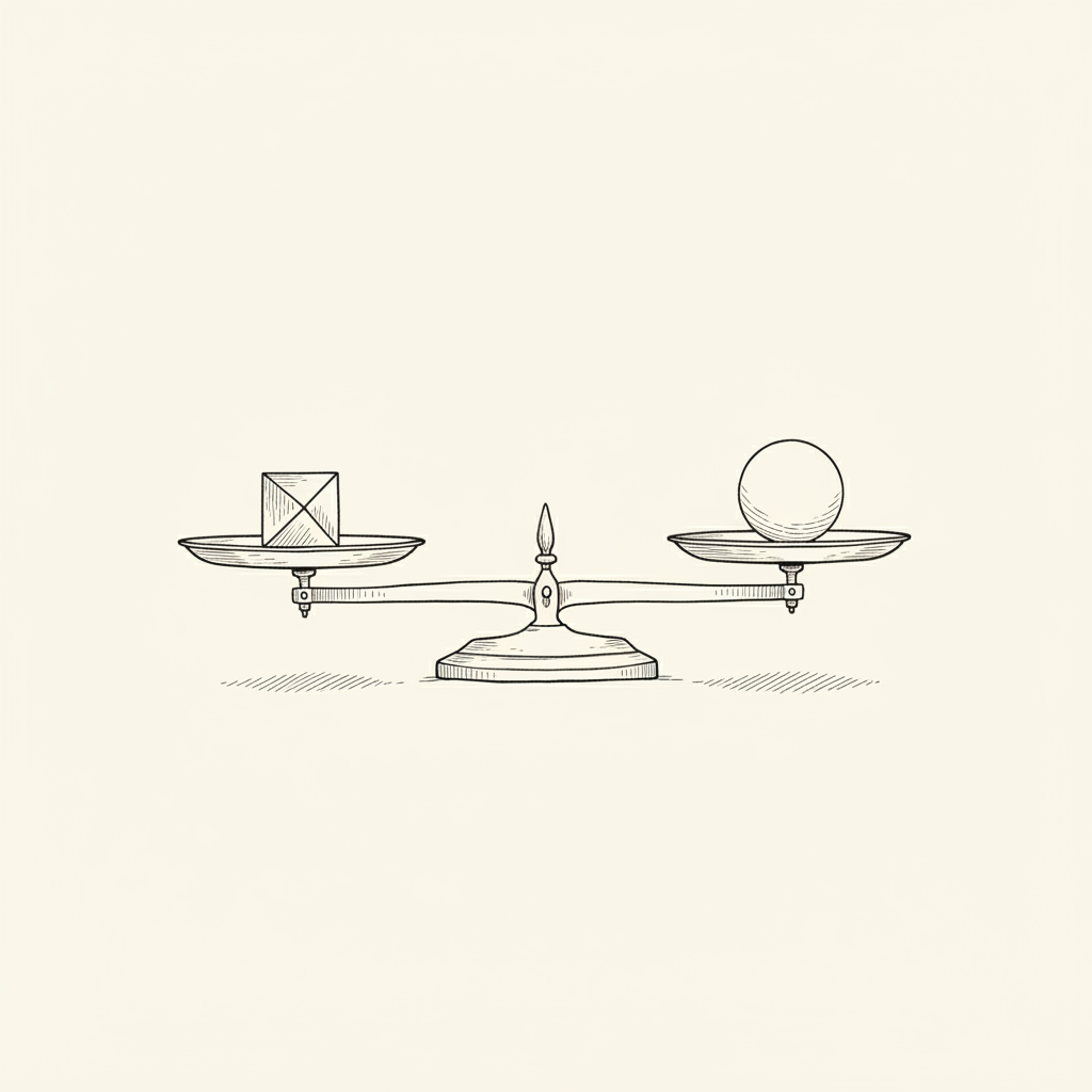 Line-art illustration of a balanced two-pan scale