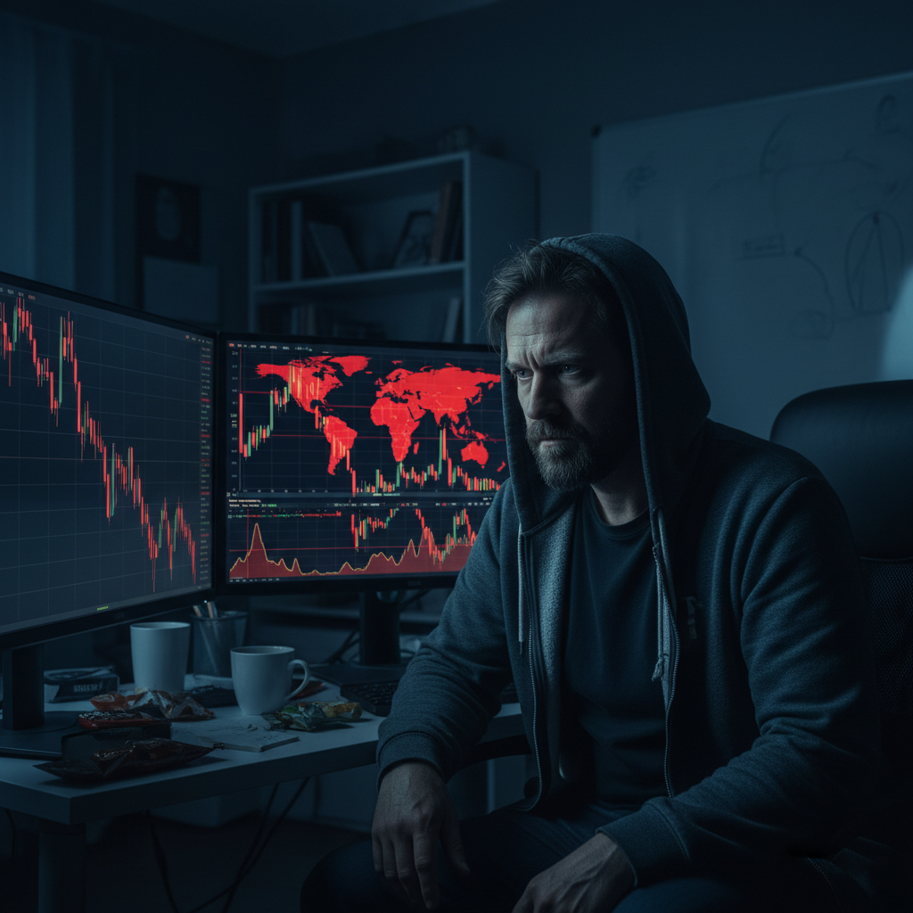 A lone contrarian investor watching plunging red stock charts at night