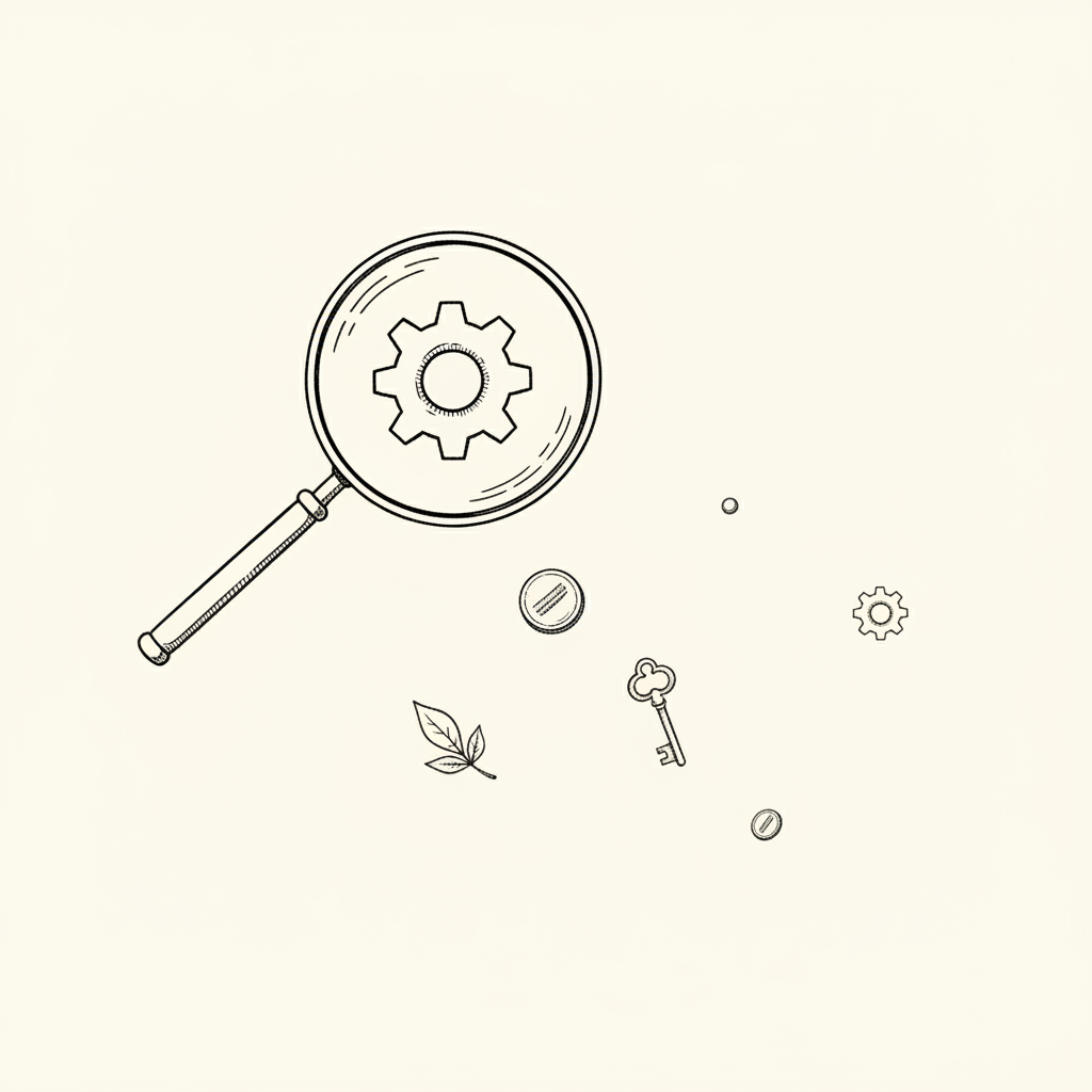 Line-art illustration of a magnifying glass over abstract symbols