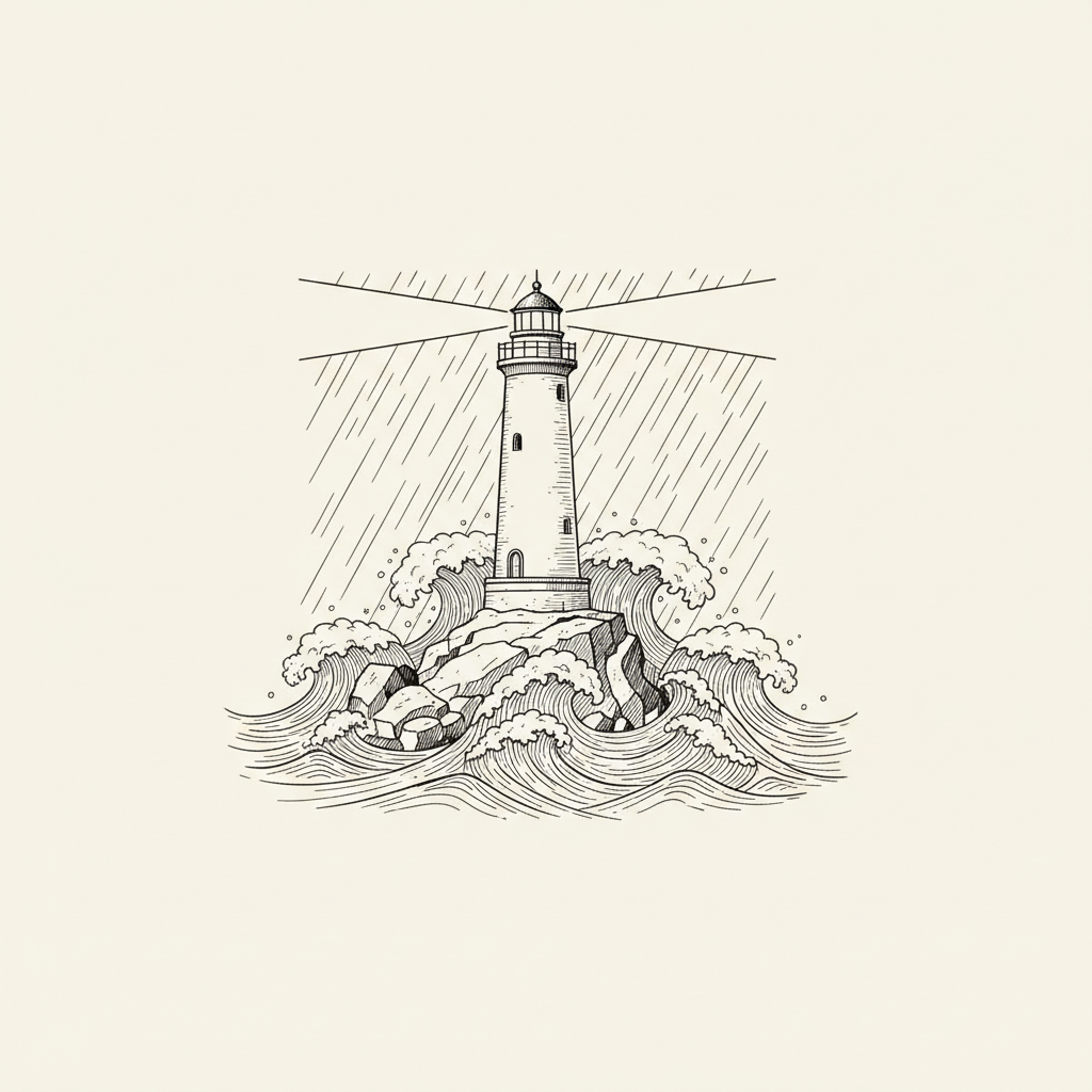 Line-art illustration of a lighthouse standing firm in a storm