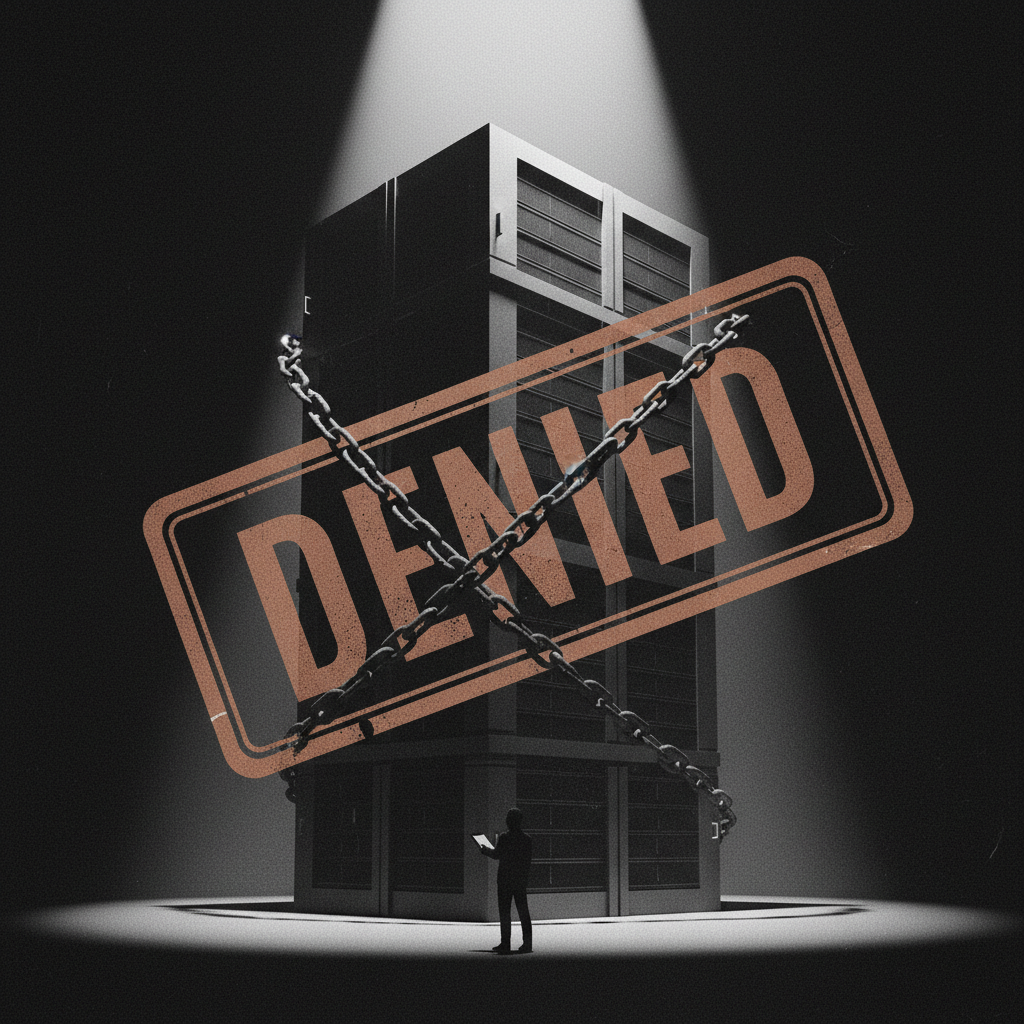 A monolithic data center silhouette bound by an oversized DENIED permit stamp under a single spotlight