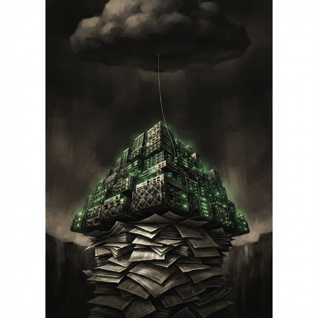 A mountain of glowing GPU server racks balanced on a foundation of stacked debt contracts, tied by a single golden thread to one giant cloud above, monochrome editorial style with emerald accent