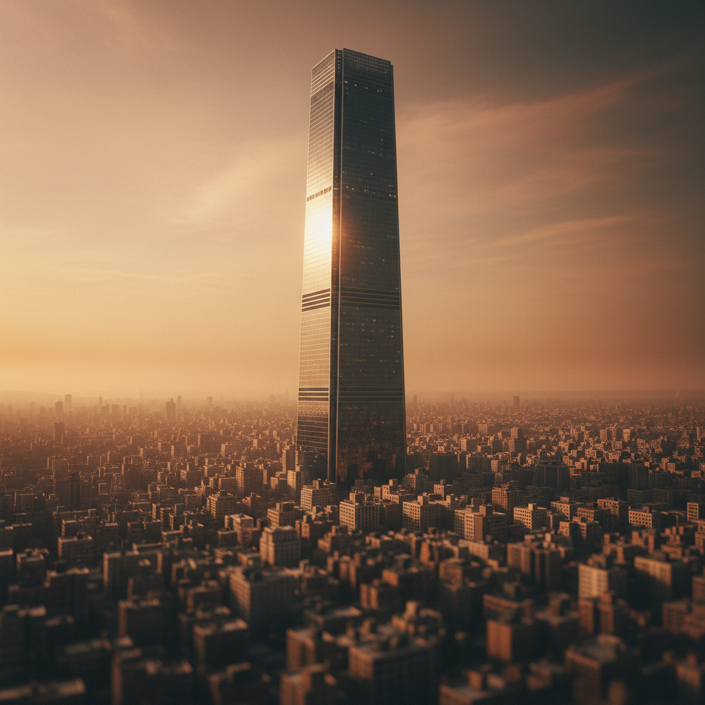 A single skyscraper towering over a city skyline, symbolizing market concentration