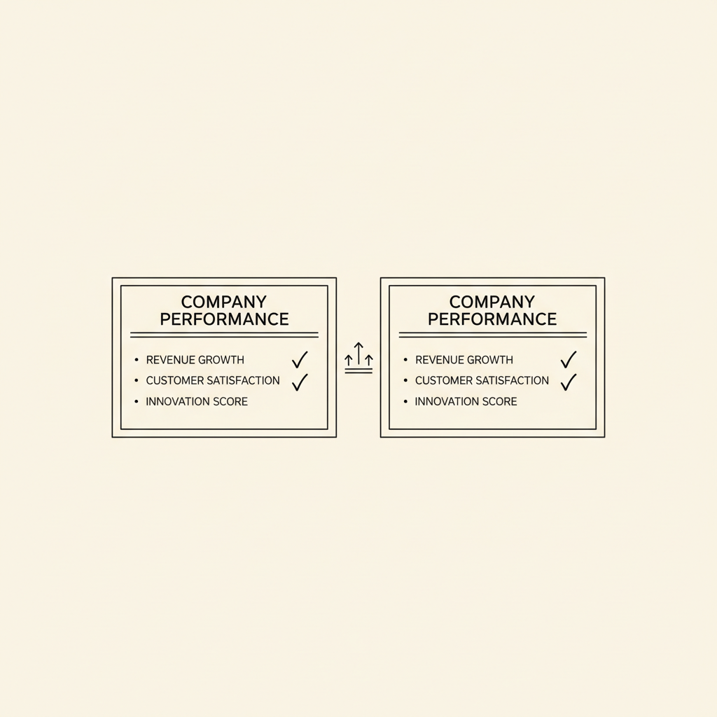 Line-art illustration of two company report cards side-by-side with checkmarks and comparison marks