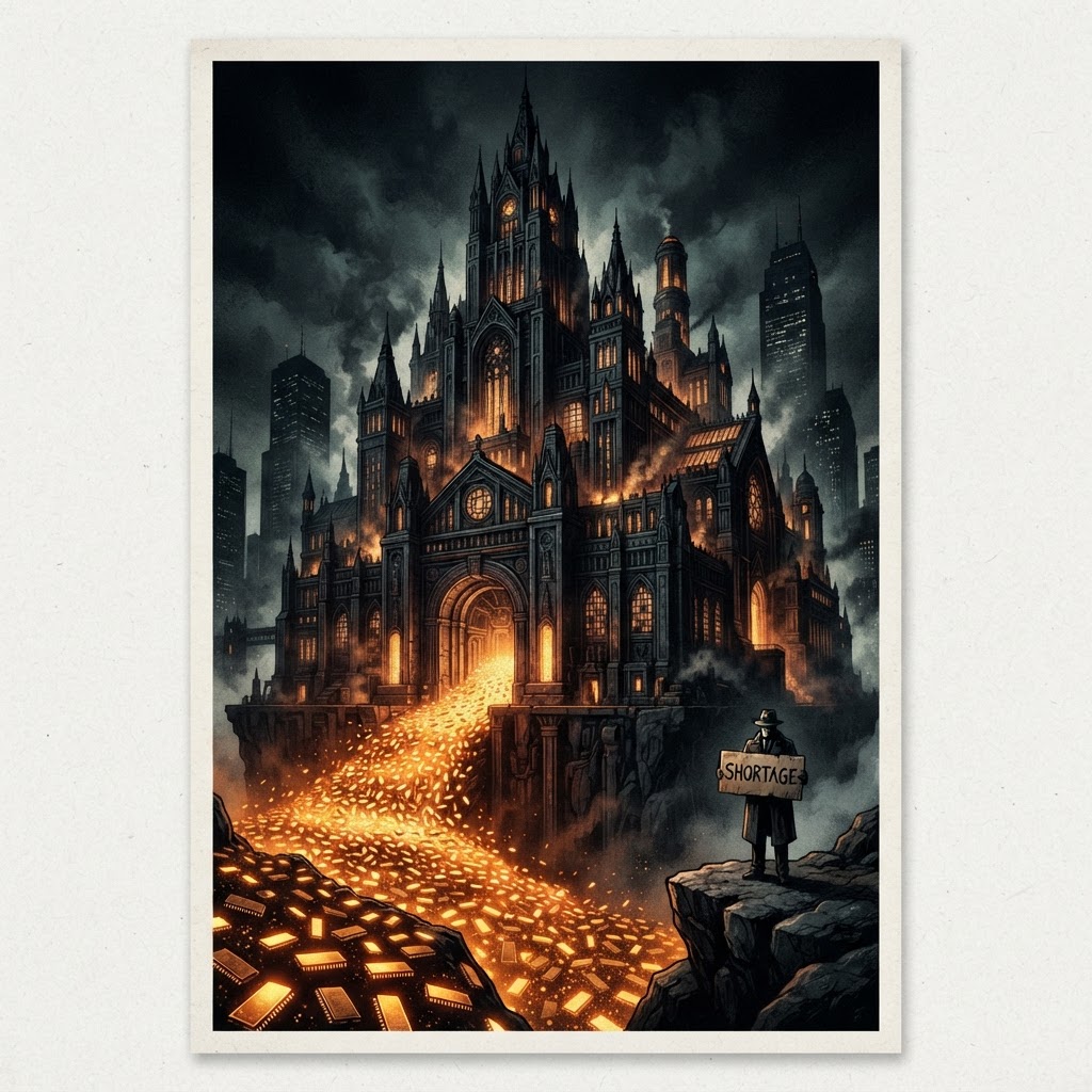 A colossal chip factory pouring an endless river of glowing memory chips past the frame while a tiny investor holds a sign reading SHORTAGE, dramatic charcoal-ivory chiaroscuro with amber accents