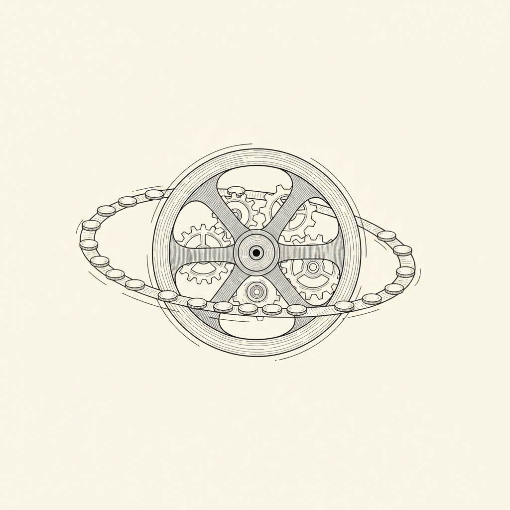 Line-art illustration of a flywheel with coins compounding around it
