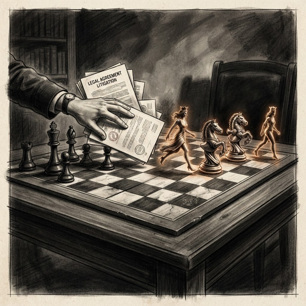 A chess board where the most valuable glowing human pieces walk off one side toward the opponent, while the weakened player reaches for a legal document instead of a chess piece, monochrome editorial style