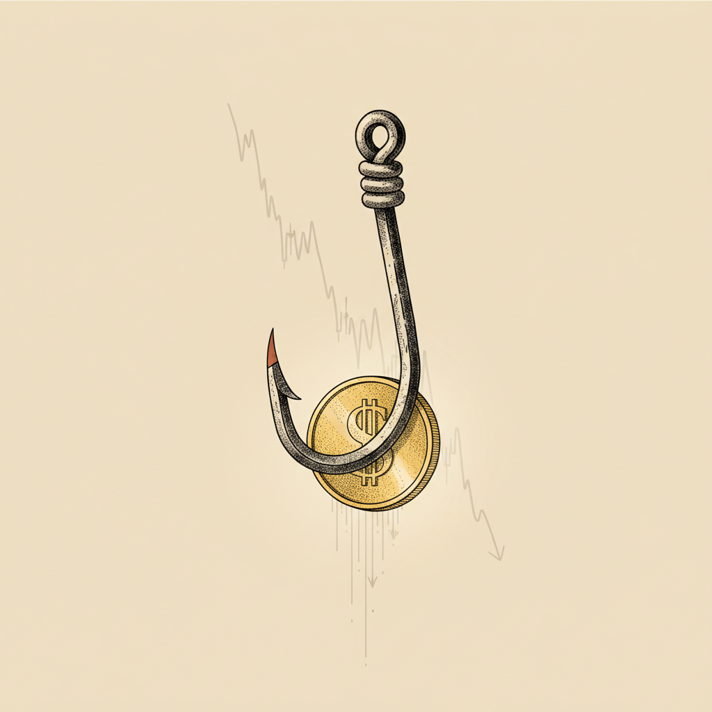A fishing hook baited with a golden dollar coin, symbolizing a value trap