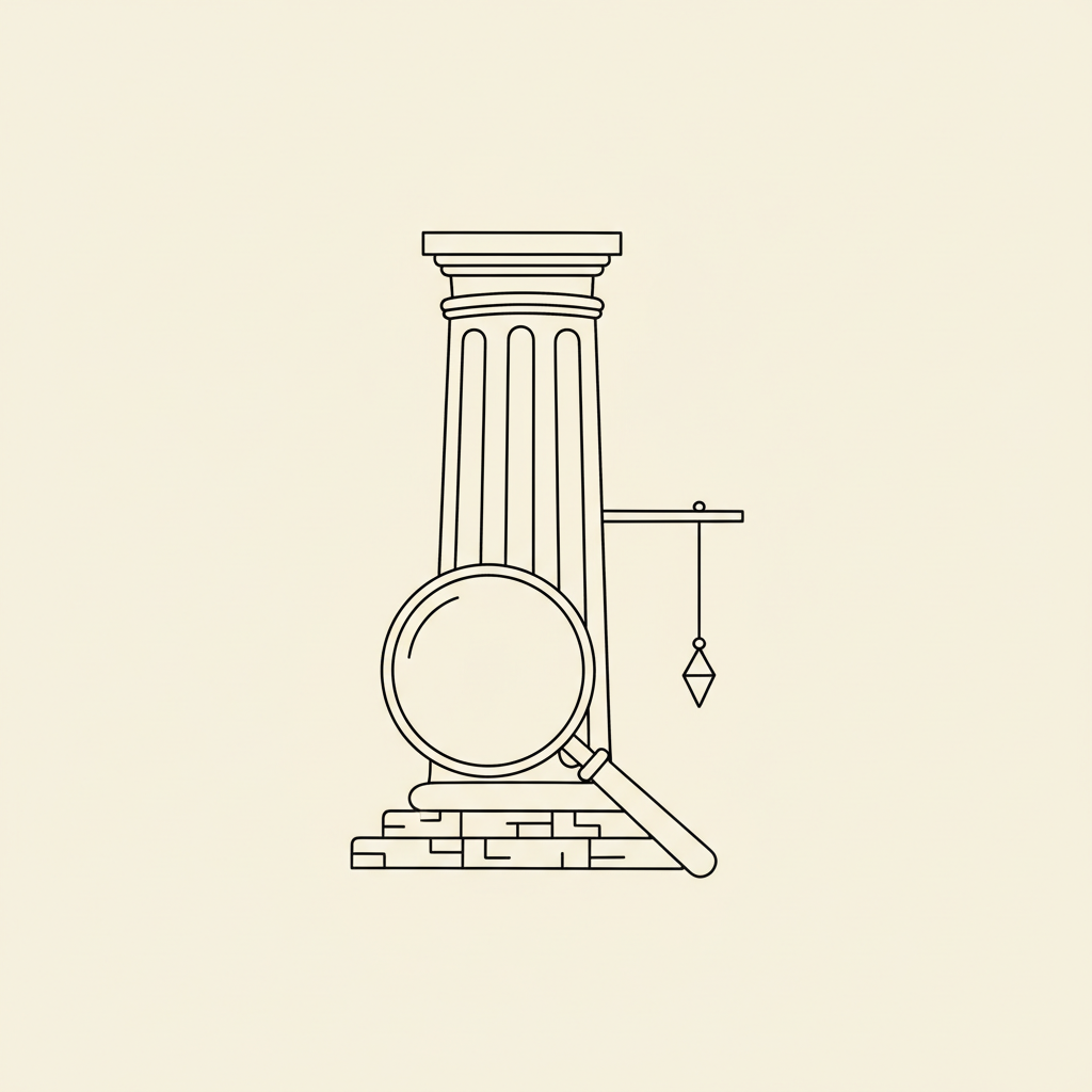 Line-art illustration of a sturdy column inspected by a magnifying glass and plumb line for durability