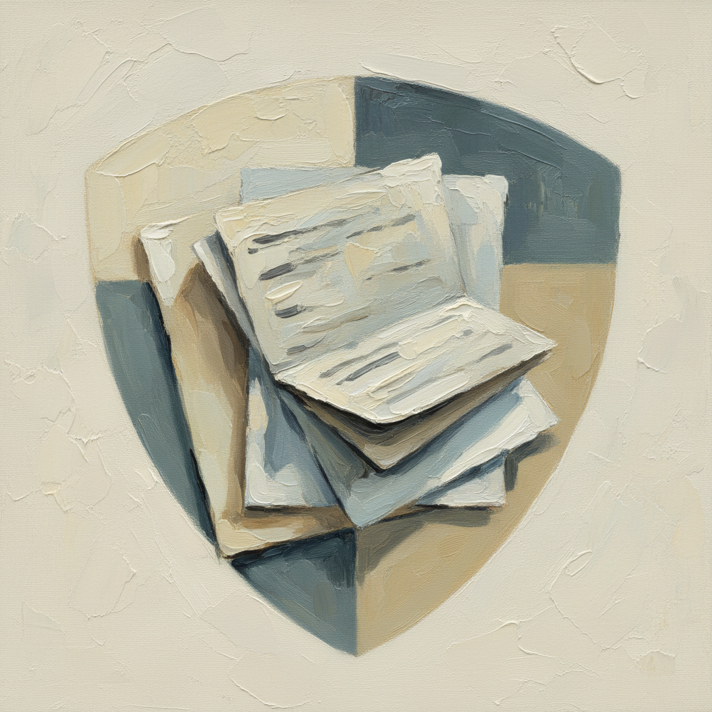 Line-art illustration of a shield protecting documents