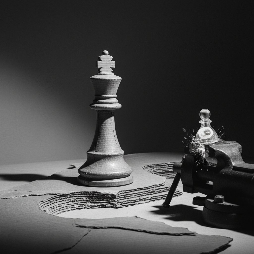 A cardboard chess king casting a long shadow while a fragile glass chatbot pawn is crushed in a vice, monochrome editorial style