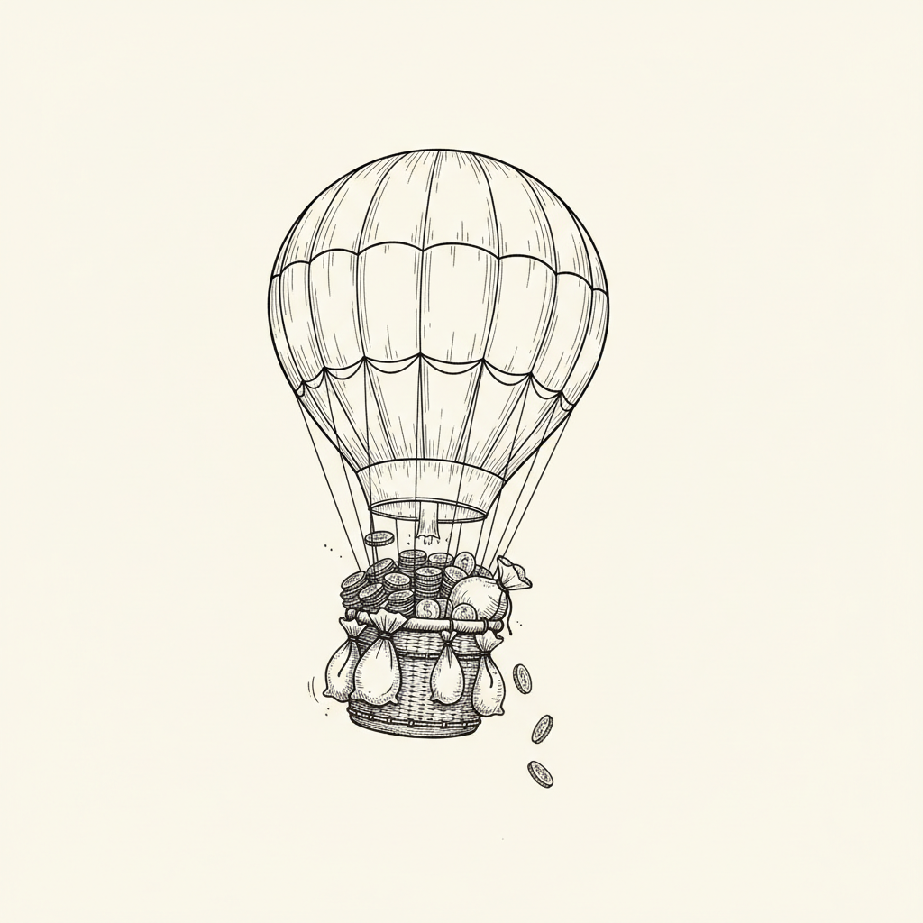 Line-art illustration of an overloaded hot air balloon dropping coins
