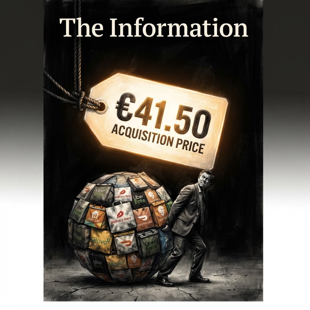 A colossal glowing price tag reading €41.50 hangs like a heavy weight over a tiny CEO straining to lift a globe stitched from food-delivery bags of 50 countries, charcoal-ivory chiaroscuro with an amber accent
