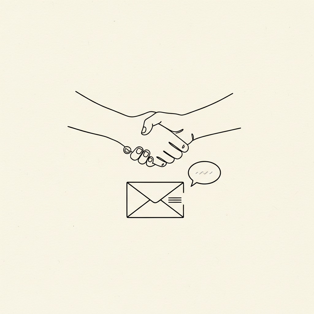 Line-art illustration of a handshake over an open envelope, representing getting in touch