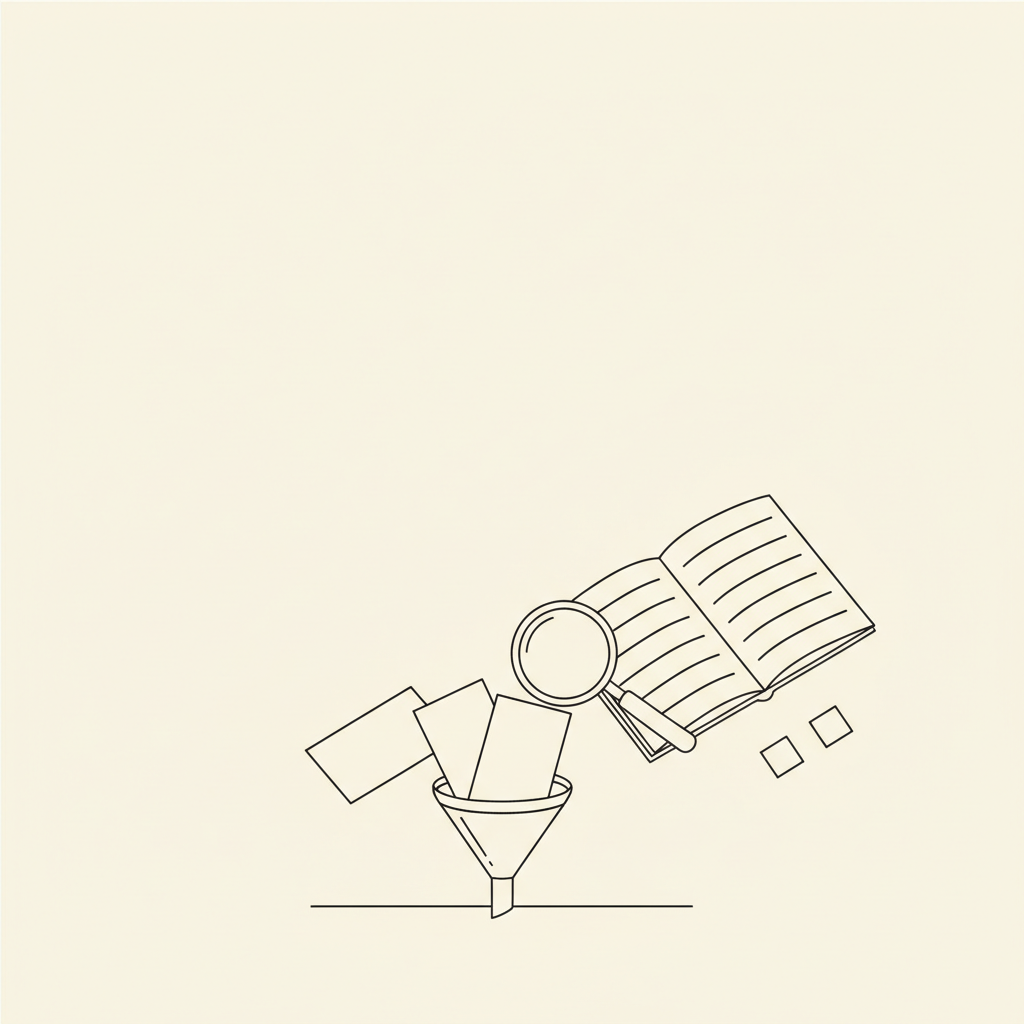 Line-art illustration of screened candidate cards beside a magnifying glass, open notebook, and unchecked research checklist
