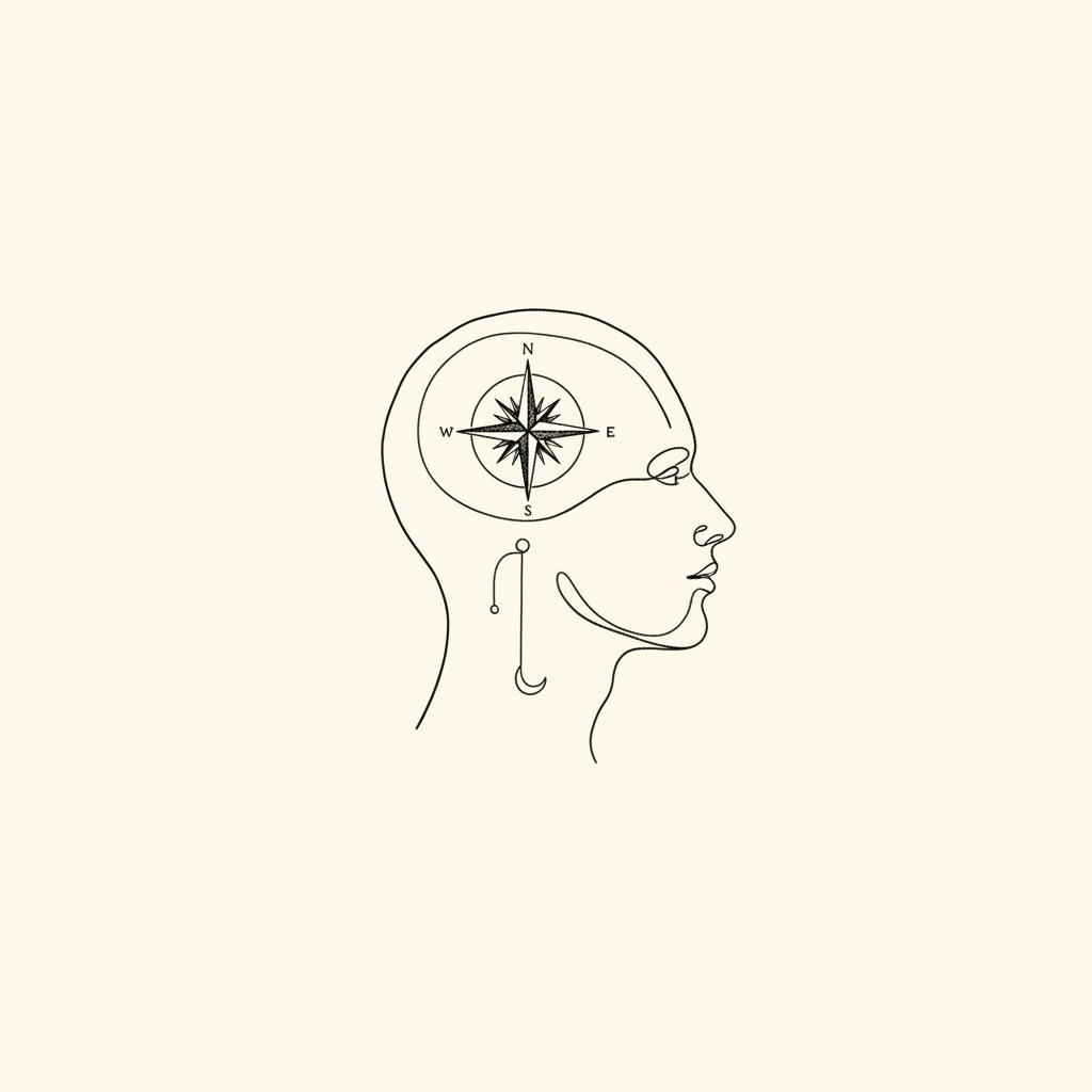 Line-art illustration of a head profile containing a compass and pendulum