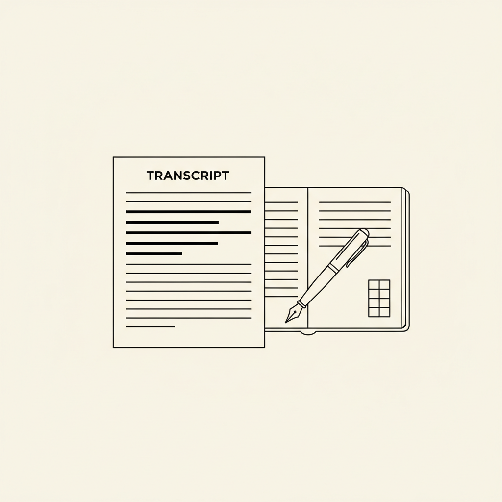 Line-art illustration of a transcript page with highlighted lines, notebook with ruled lines and fountain pen