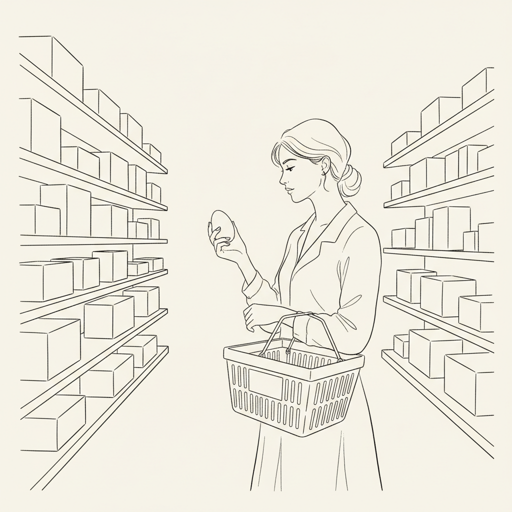 Line-art illustration of a shopper examining an egg-shaped package