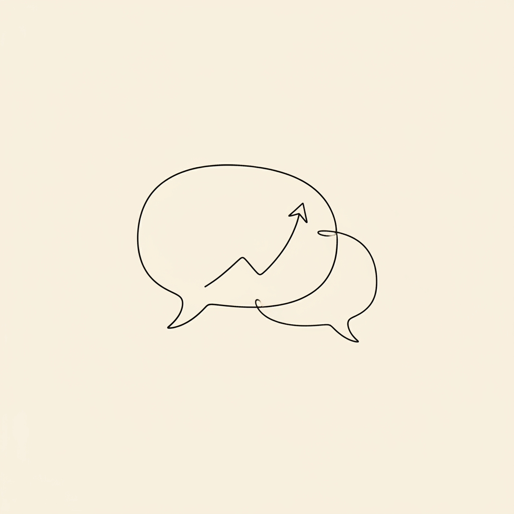 Line-art illustration of a chat bubble surrounded by investor portraits and a market trend line