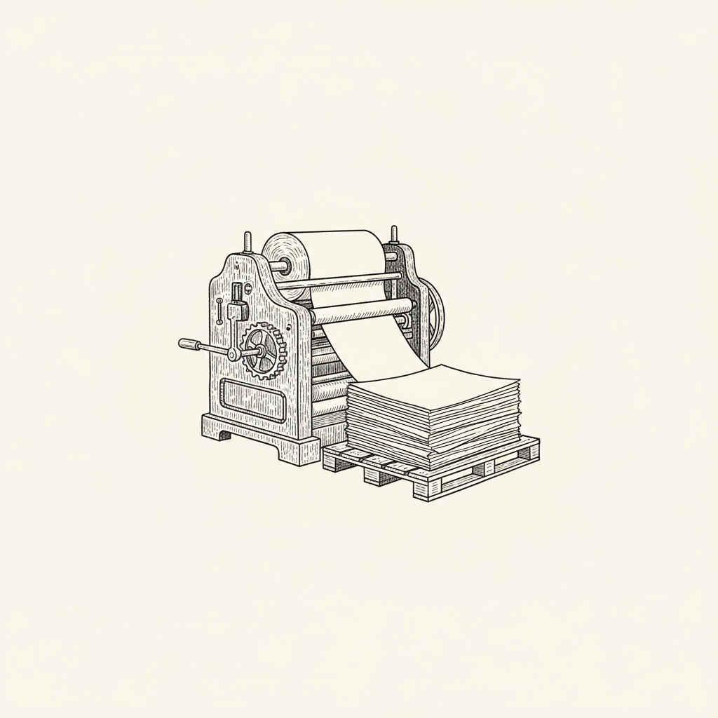 Line-art illustration of a vintage newspaper printing press