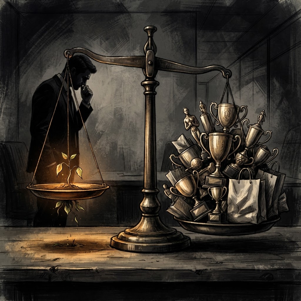 A brass balance scale: a small glowing seedling of organic growth crushed down by a heavy pile of golden acquisition trophies, a businessman watching anxiously, editorial charcoal-ivory style