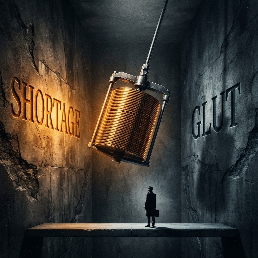 A giant pendulum made of stacked silicon wafers swinging between two carved stone words, SHORTAGE glowing amber and GLUT in shadow, an investor silhouette dwarfed below, editorial style