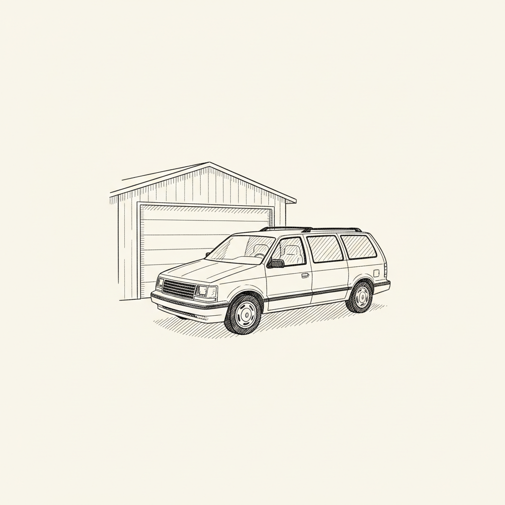 Line-art illustration of a 1980s family minivan outside a garage