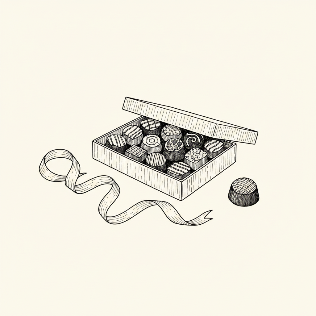 Line-art illustration of an open gift box of chocolates