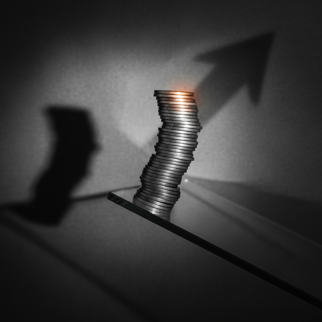 A precarious tower of stacked silver coins balanced on the edge of a tilted glass surface about to topple, monochrome editorial style