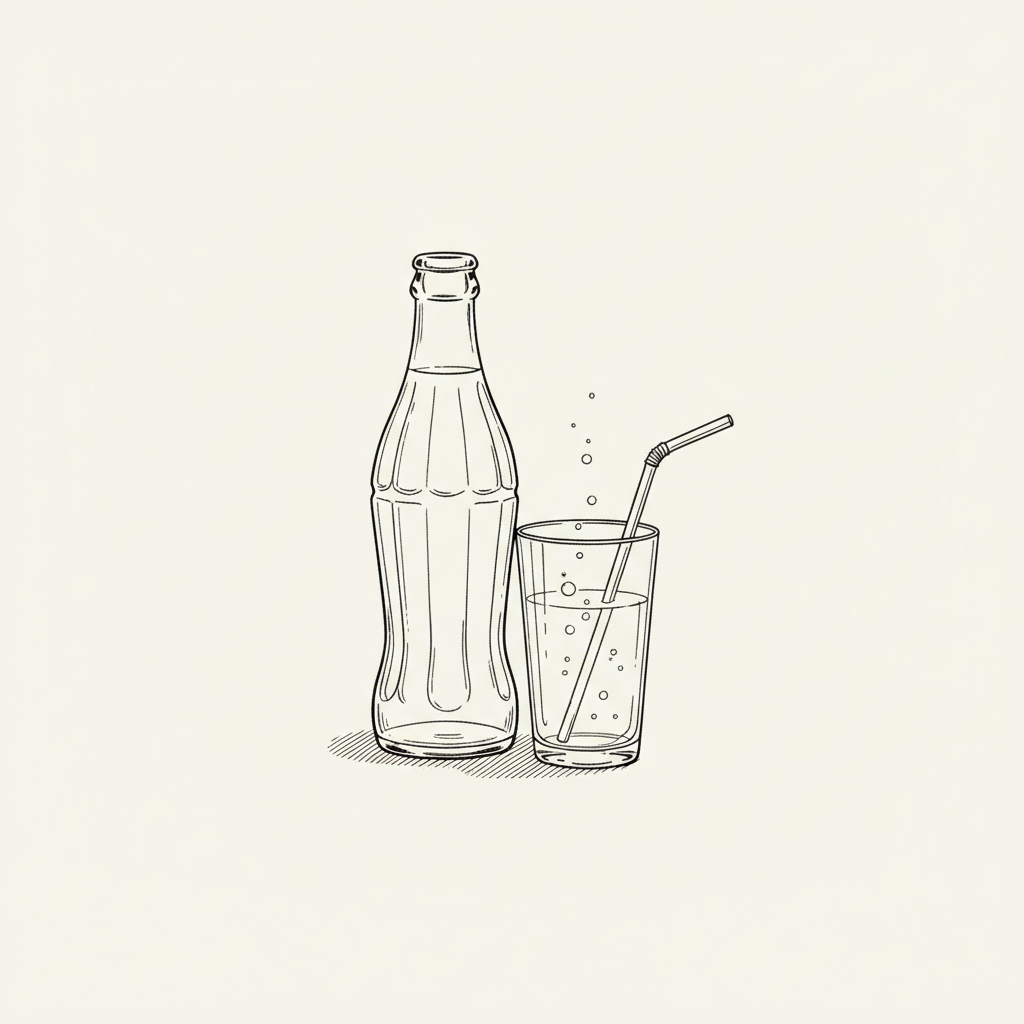 Line-art illustration of a vintage contour soda bottle with a glass