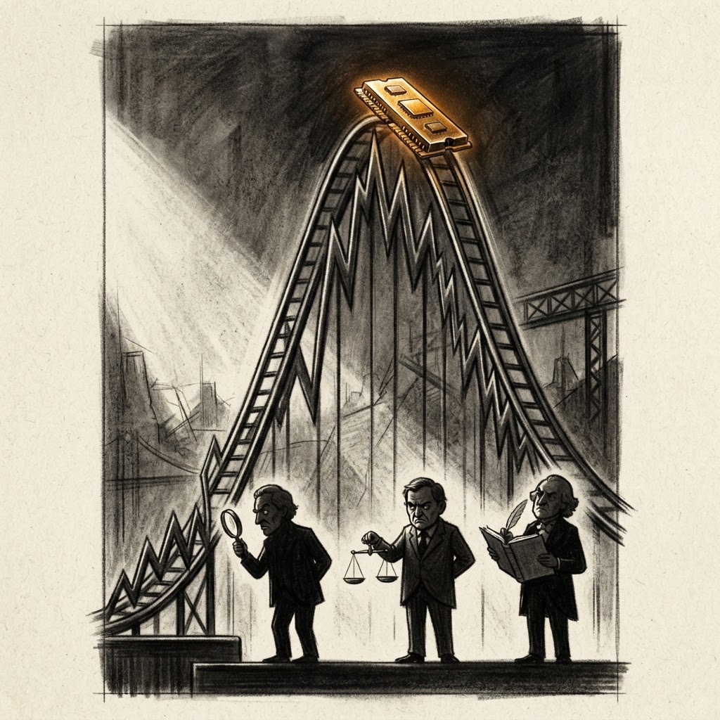 A roller-coaster track shaped like a jagged memory-price cycle with a golden chip car at the peak about to plunge, three shadowed master investors watching skeptically from below, monochrome editorial style