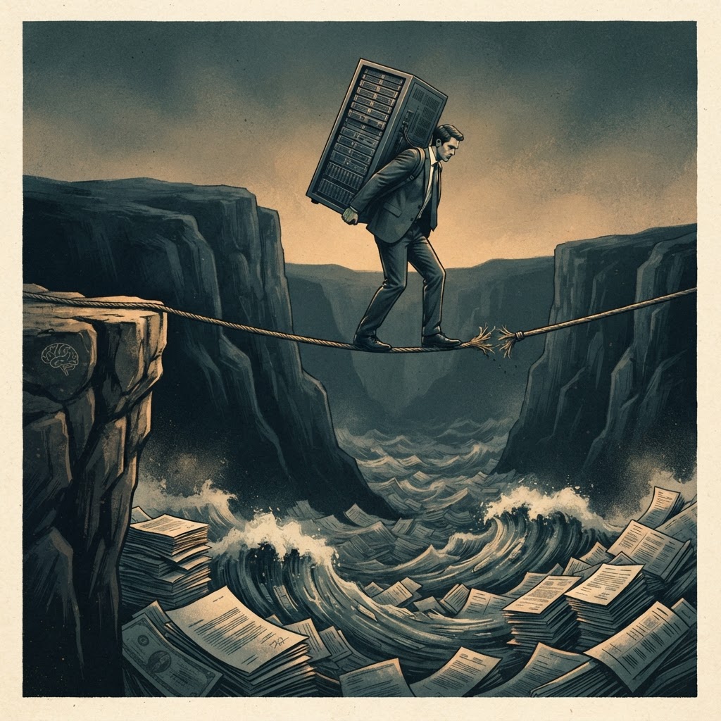 A suited tightrope walker carrying a heavy AI server rack across a fragile single cable, above a churning sea of debt contracts and convertible notes, ominous editorial style