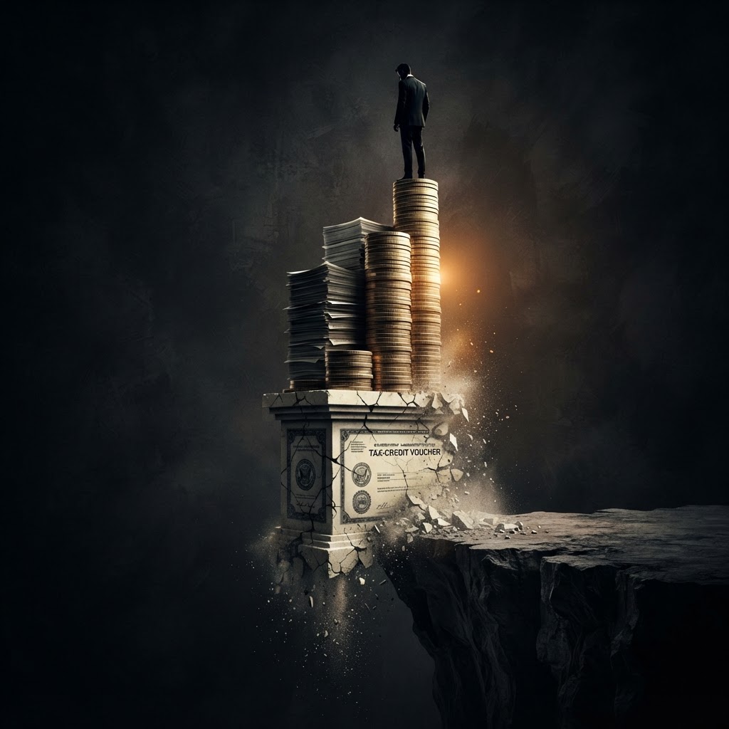 A towering corporate earnings bar chart of gold coins and profit reports built on a crumbling government-subsidy pedestal dissolving at the edge of a cliff, a lone executive silhouette on top, dramatic editorial chiaroscuro